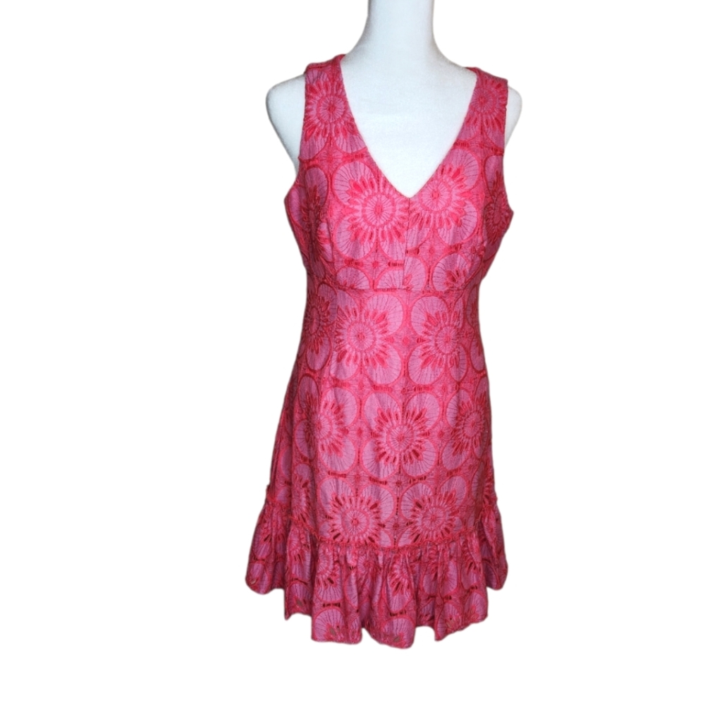 Trina Turk Coral Pink Floral Lace V-Neck Mini Dress